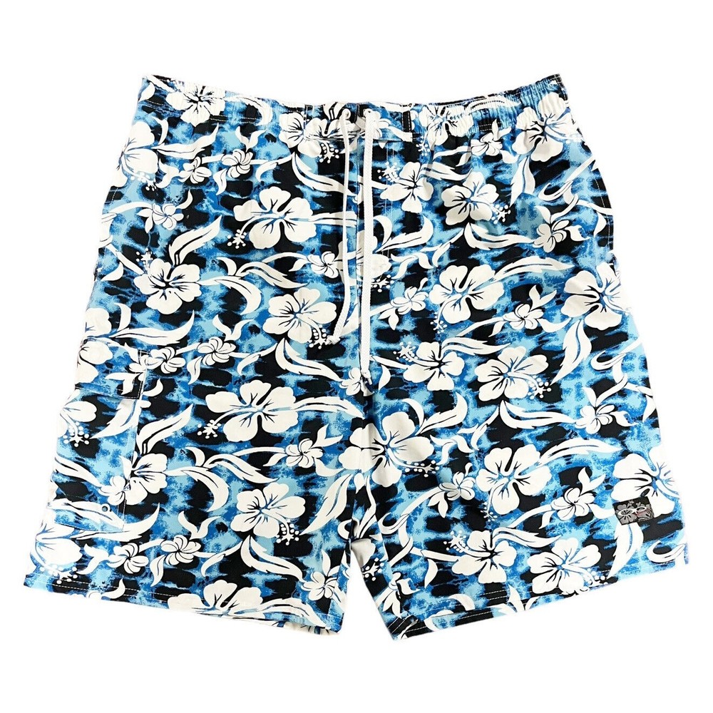 OP Men’s Board Shorts Size XL Swim Trunks Hibiscus Pattern Mesh Liner Blue